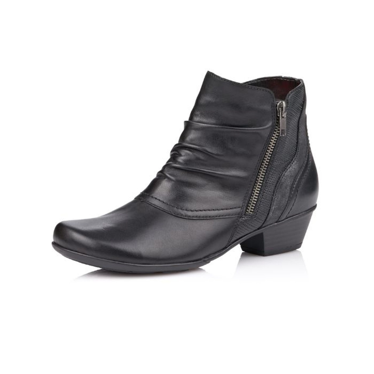 Black leather ankle boot with side zipper against a white studio background